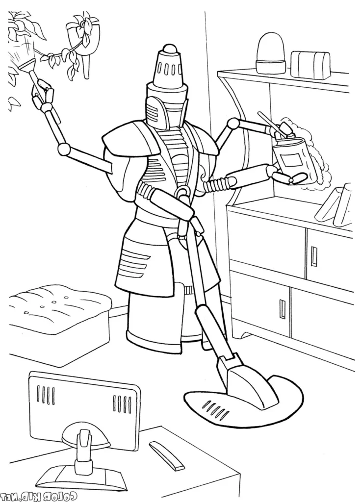 Robô faxineiro para colorir: desenho de um autômato limpando a casa.