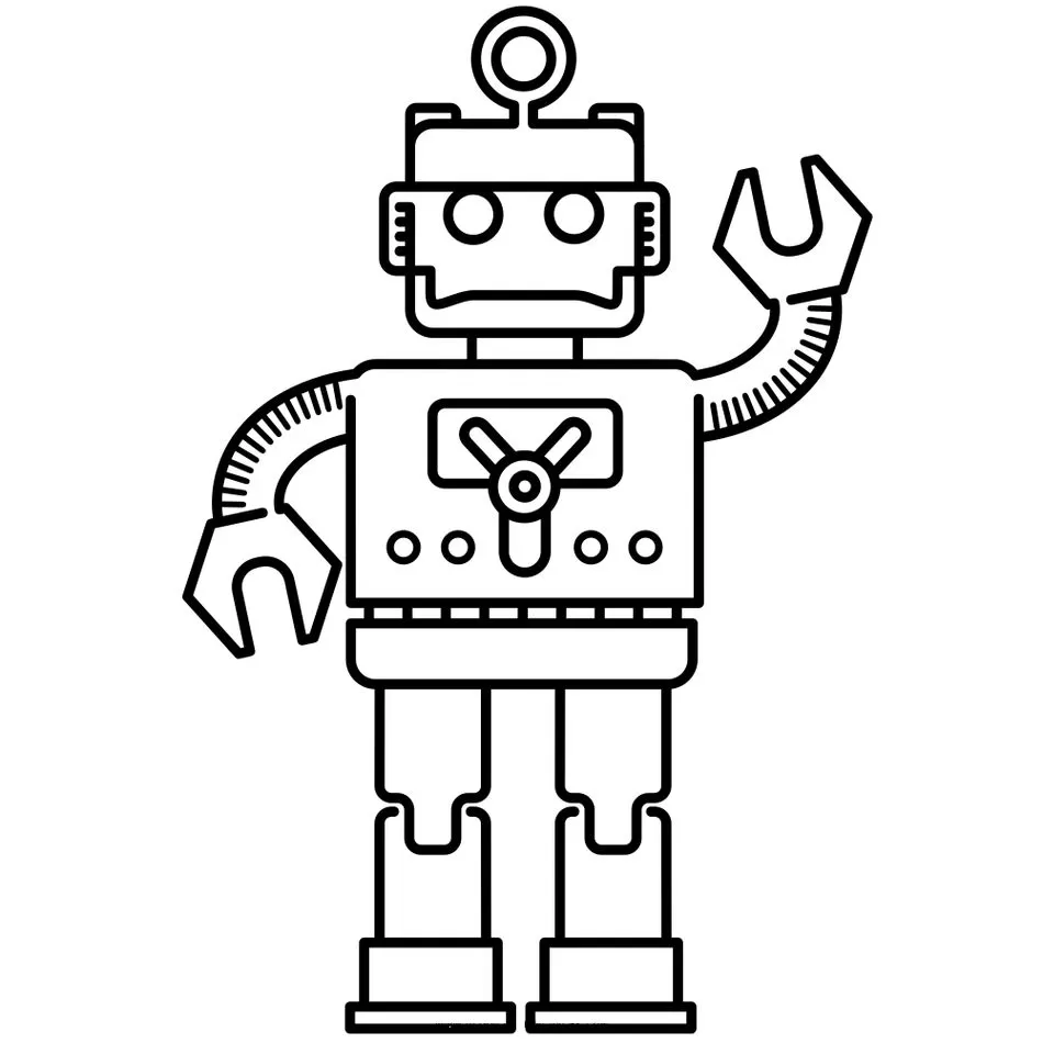 Robô antigo com mãos de pinça para colorir. Desenho de robô com antena, corpo retangular e painel com símbolo.
