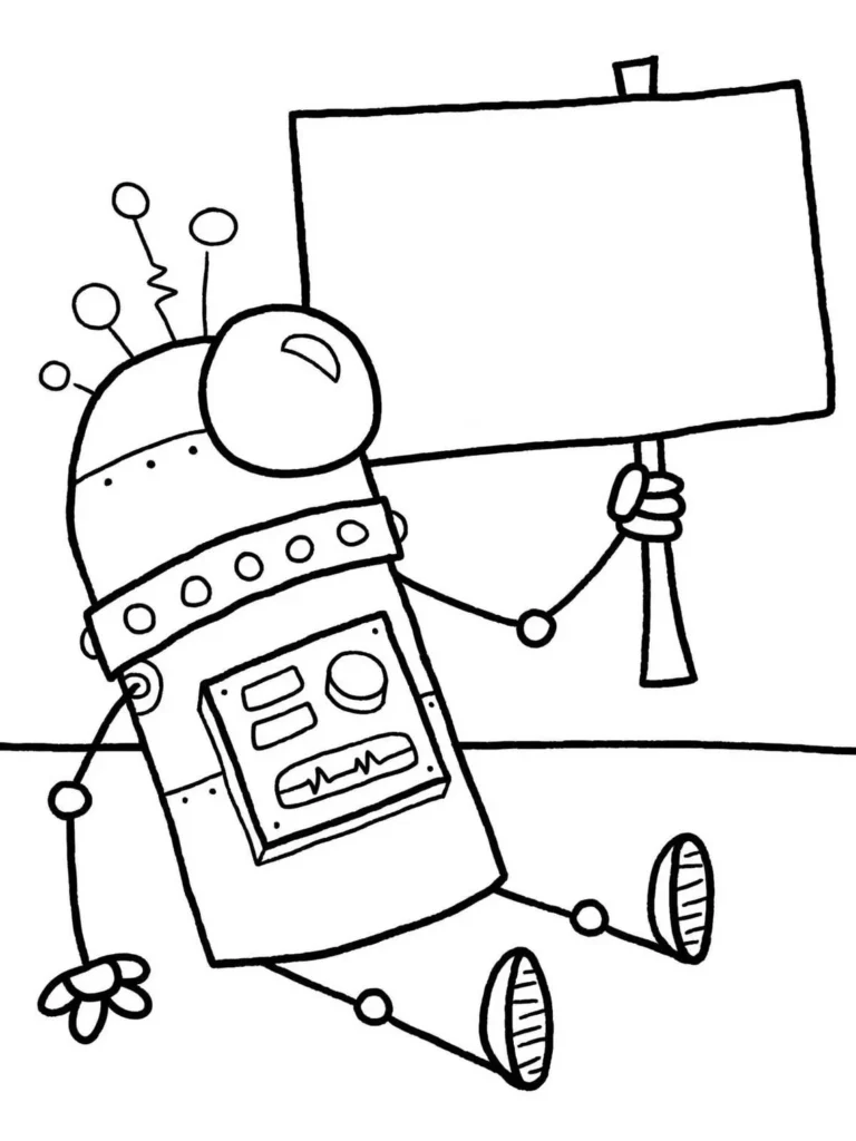 Robô para colorir segurando placa em branco. Design com corpo decorado e lente ocular grande.