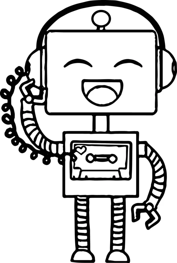 Robô sorridente com fita cassete de coração para colorir