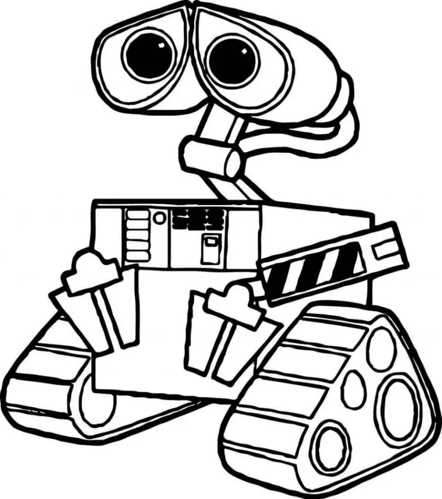 Robô para colorir com expressão de tristeza. Design simples com olhos grandes e corpo retangular sobre esteiras.