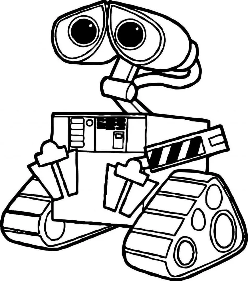 Robô para colorir com expressão de tristeza. Design simples com olhos grandes e corpo retangular sobre esteiras.