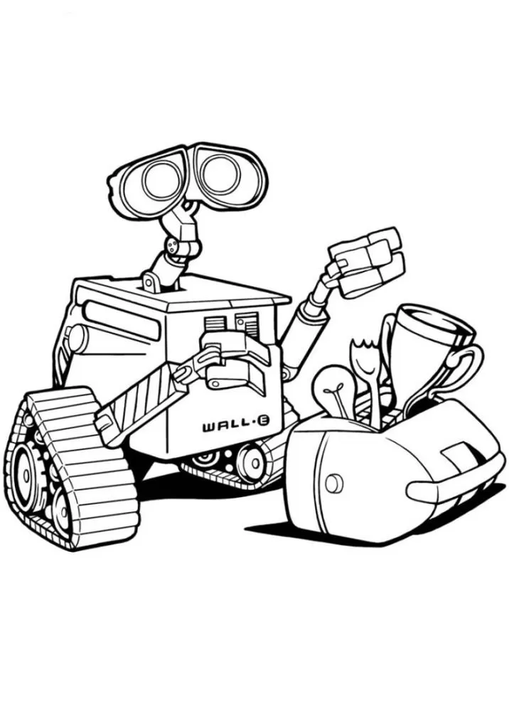 Desenho do robô Wall-E para colorir. Wall-E segura um objeto com sua garra ao lado de uma lixeira cheia de diversos itens. O nome WALL-E está visível em seu corpo.