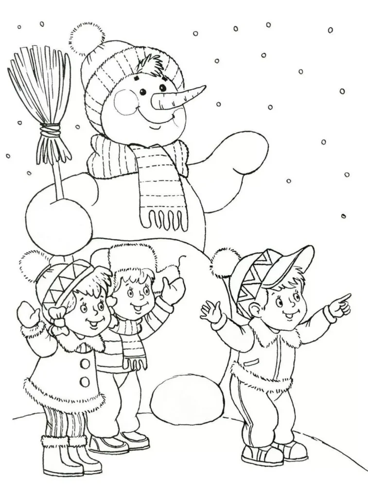 Boneco de neve acenando com crianças em cena de inverno com neve caindo.