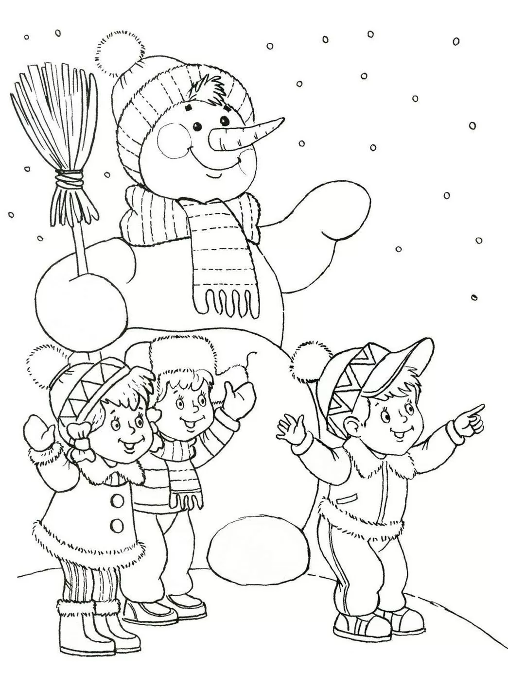 Boneco de neve acenando com crianças em cena de inverno com neve caindo.