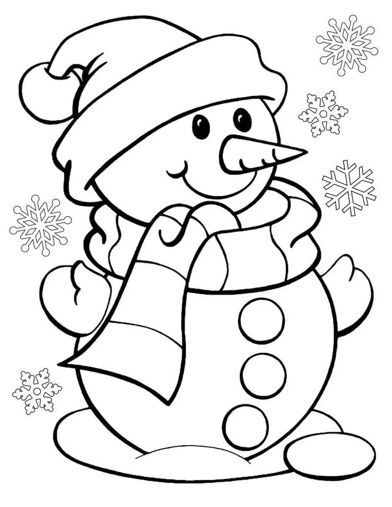 Boneco de neve sorrindo com chapéu e cachecol listrado, cercado por flocos de neve decorativos.