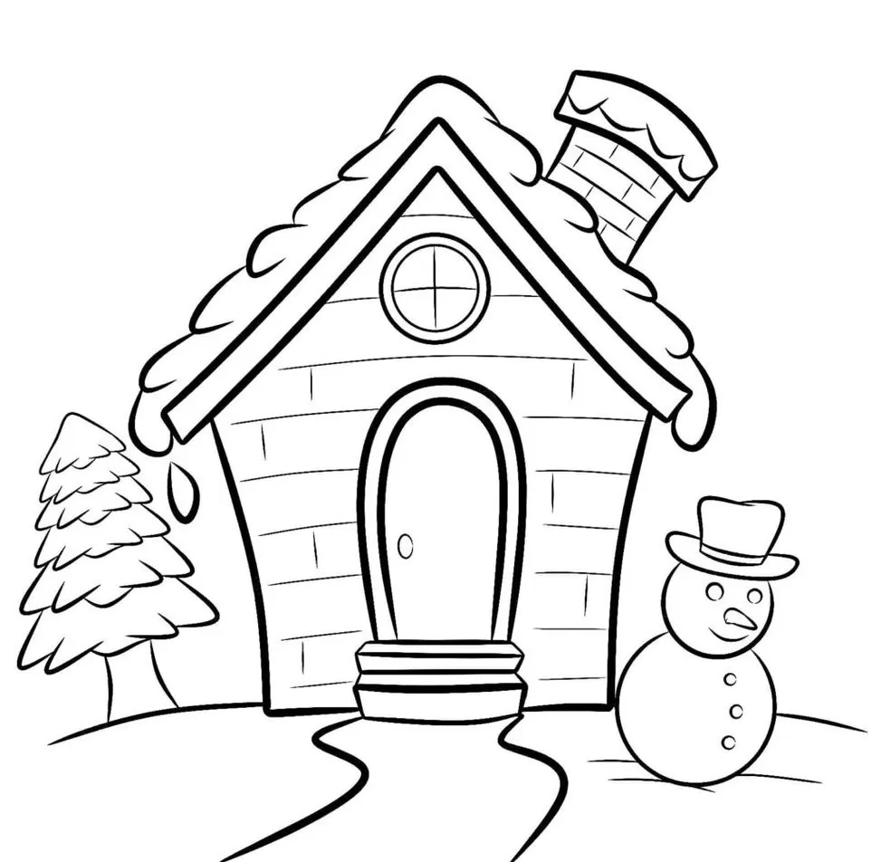 Casa de neve com boneco de neve e árvore de Natal em arte final