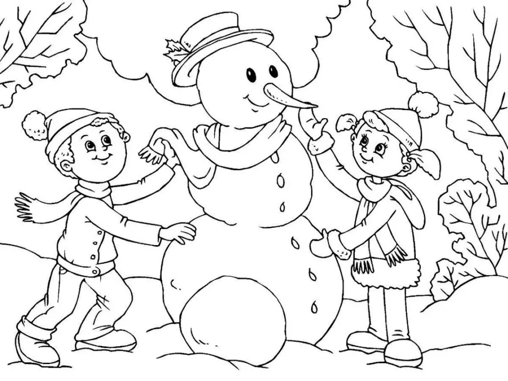 Crianças construindo um boneco de neve com chapéu, nariz comprido, cachecol e botões. Desenho em PDF para colorir.