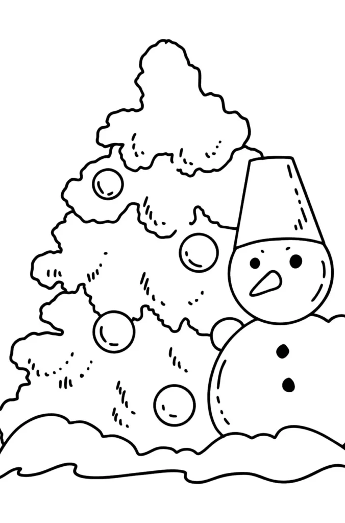 Boneco de Neve Feliz Natal com árvore decorada em cena festiva.