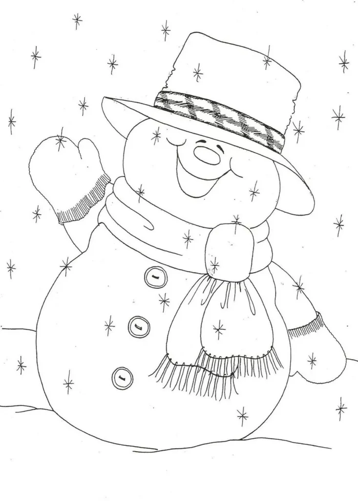 Boneco de neve gordinho com chapéu e cachecol em meio a flocos de neve.