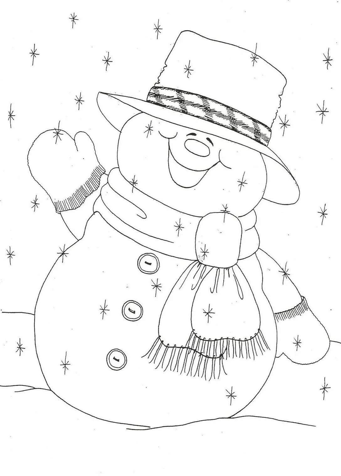 Boneco de neve gordinho com chapéu e cachecol em meio a flocos de neve.