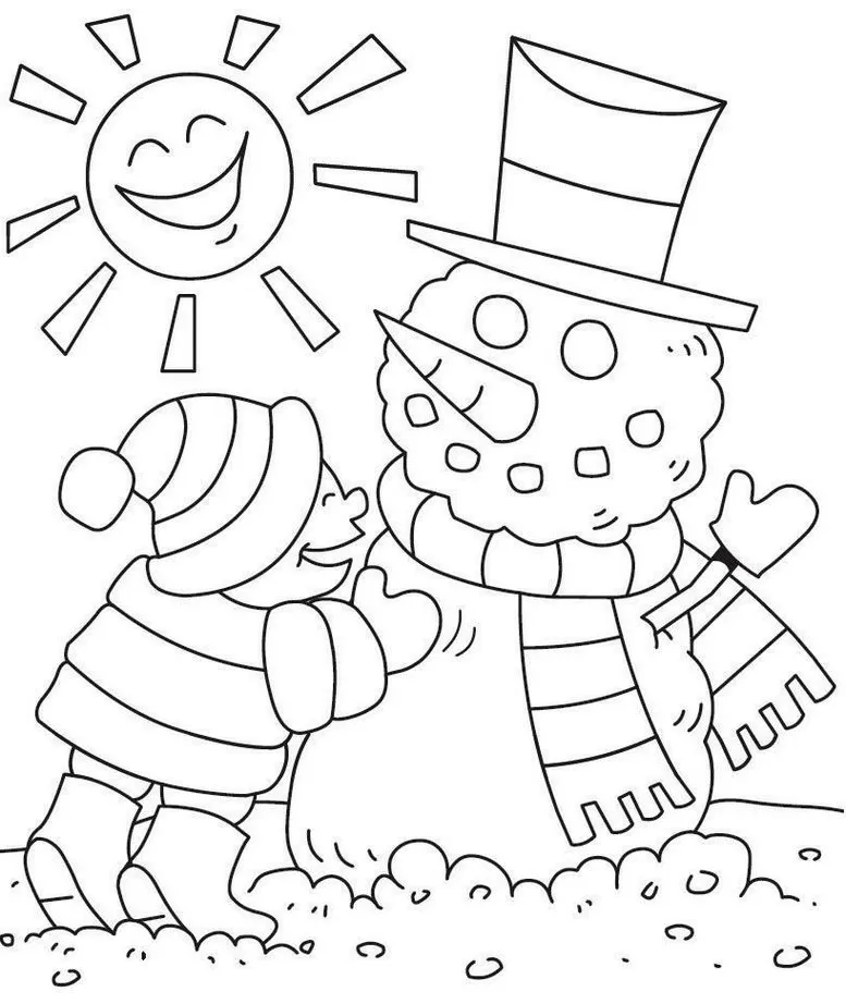 Criança e boneco de neve sob o sol: desenho para colorir em PDF