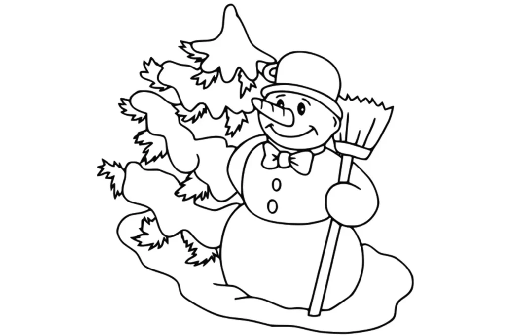 Boneco de neve limpando a neve ao lado de pinheiro nevado. Arte em PDF.