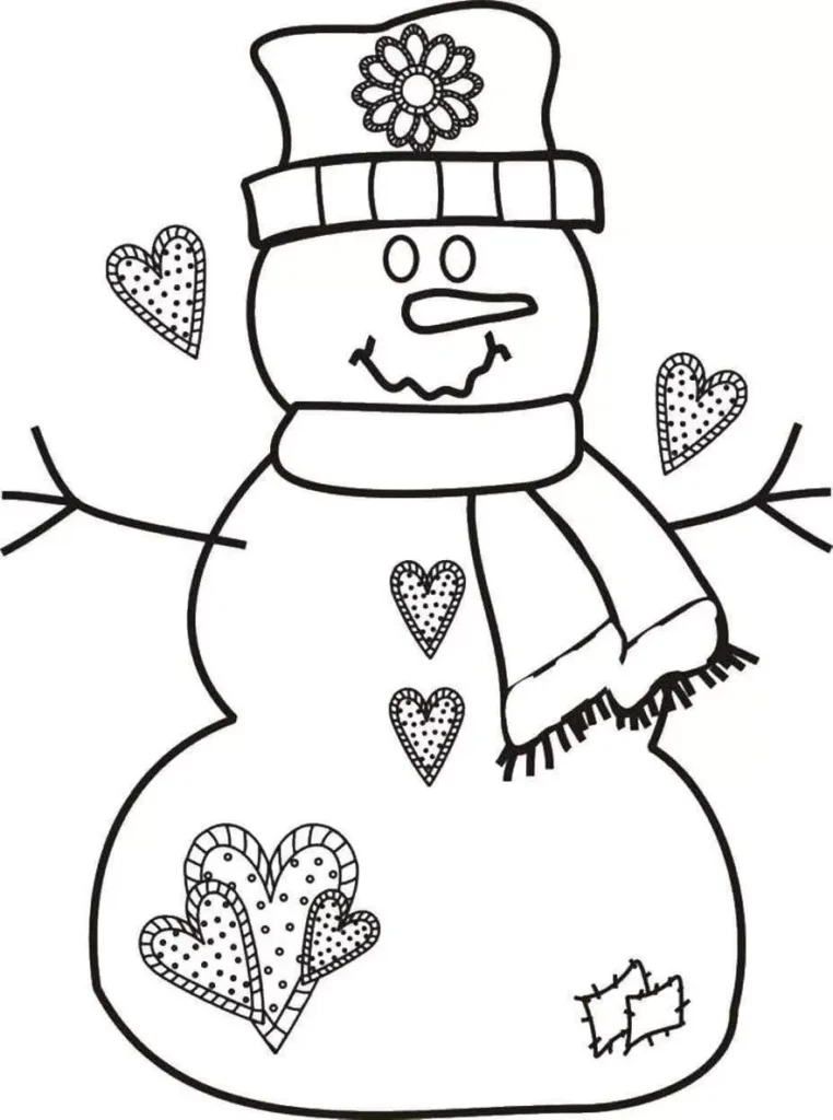 Boneco de neve com chapéu florido, cachecol e corações, perfeito para colorir e celebrar o amor.