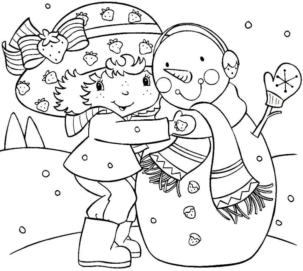 Moranguinho e Boneco de Neve: Desenho Artístico com Chapéu de Morangos e Montanhas ao Fundo