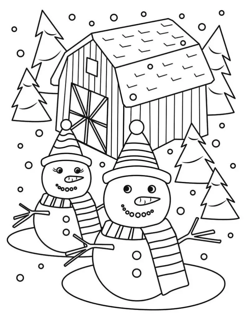 Bonecos de neve sorrindo em cenário nevado de inverno, celeiro e pinheiros ao fundo.