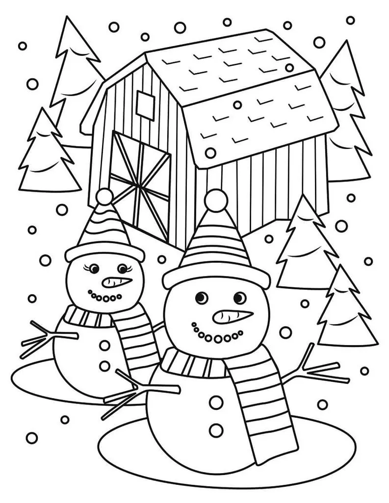 Bonecos de neve sorrindo em cenário nevado de inverno, celeiro e pinheiros ao fundo.