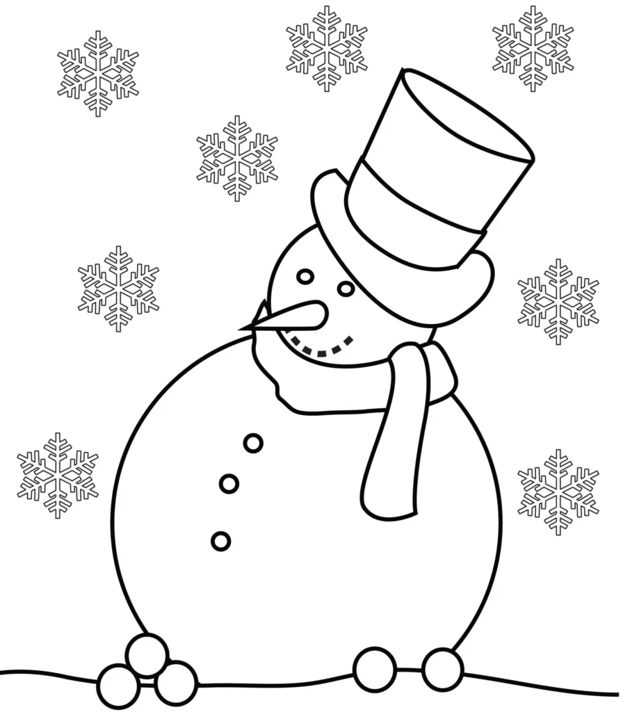 Boneco de Neve com Chapéu e Flocos de Neve em Desenho