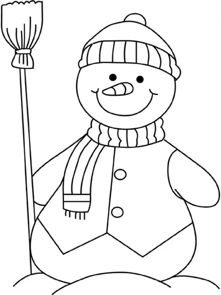 Boneco de neve varrendo a neve: desenho sorridente com gorro e cachecol.