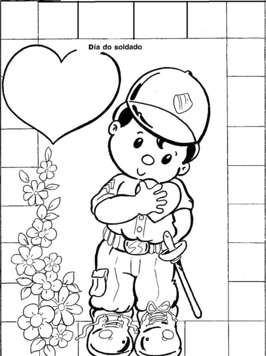Desenho de um garoto vestido de soldado com coração e flores para colorir no Dia do Soldado.