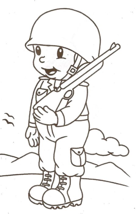 Soldadinho para colorir: desenho de militar sorrindo com rifle, montanhas e pássaros ao fundo.