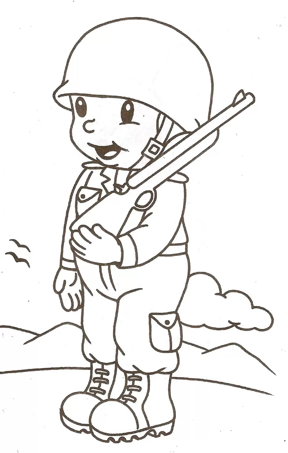 Soldadinho para colorir: desenho de militar sorrindo com rifle, montanhas e pássaros ao fundo.