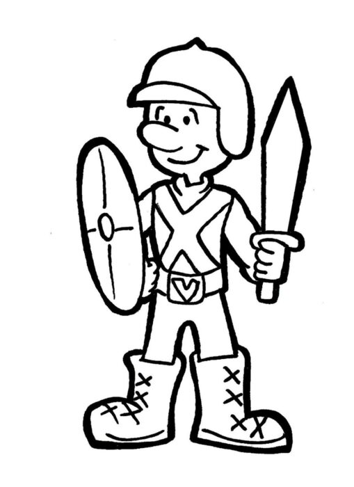 Soldadinho sorrindo com espada e escudo: desenho para colorir em PDF