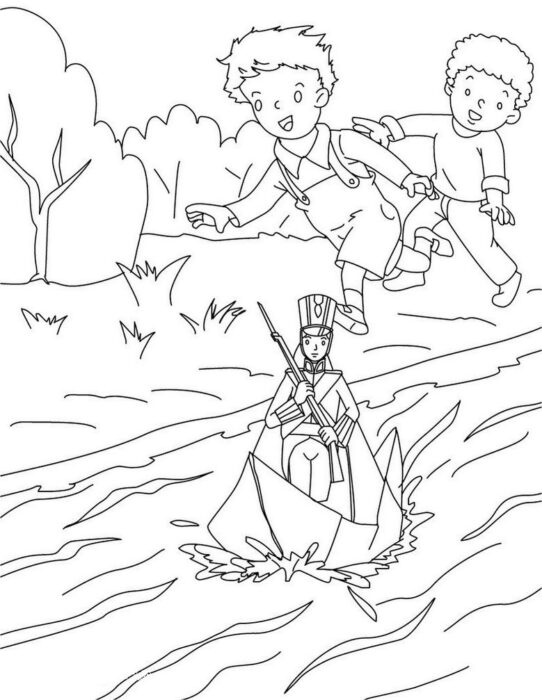 Soldadinho de brinquedo em barco de papel na água: Desenho para colorir em PDF