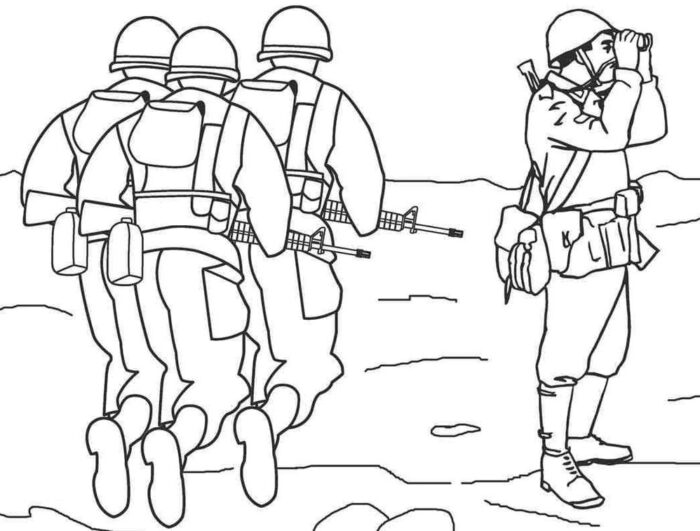 Soldados em ação: desenho para colorir da temática de guerra em PDF.