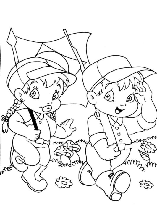 Desenho para colorir: Crianças aventureiras em um campo florido