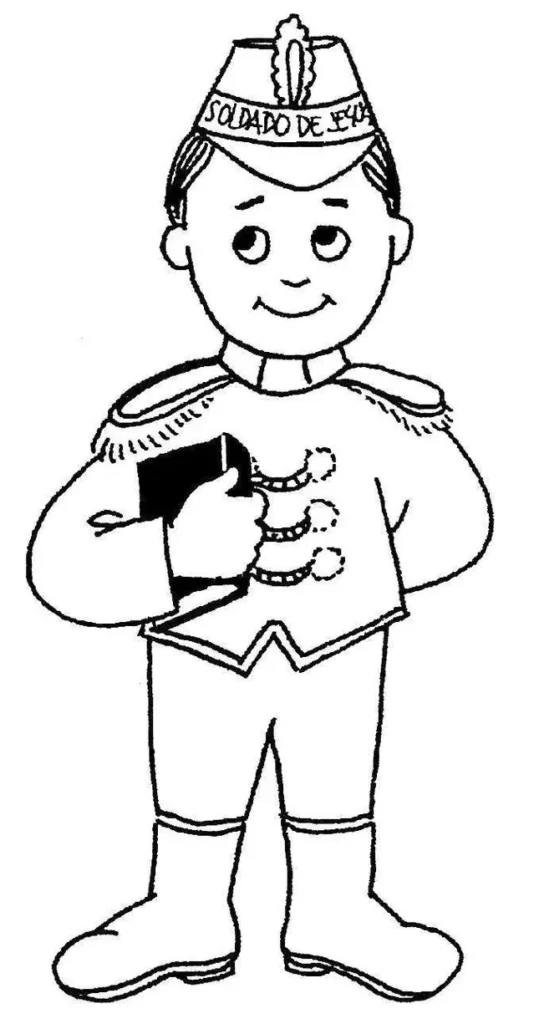 Garoto vestido de Soldado de Jesus para colorir. Desenho com chapéu 'SOLDADO DE JESUS', casaco com botões e livro.
