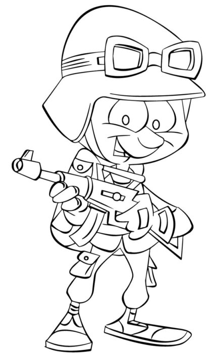Desenho de soldadinho para colorir: soldado caricatural com capacete e arma.