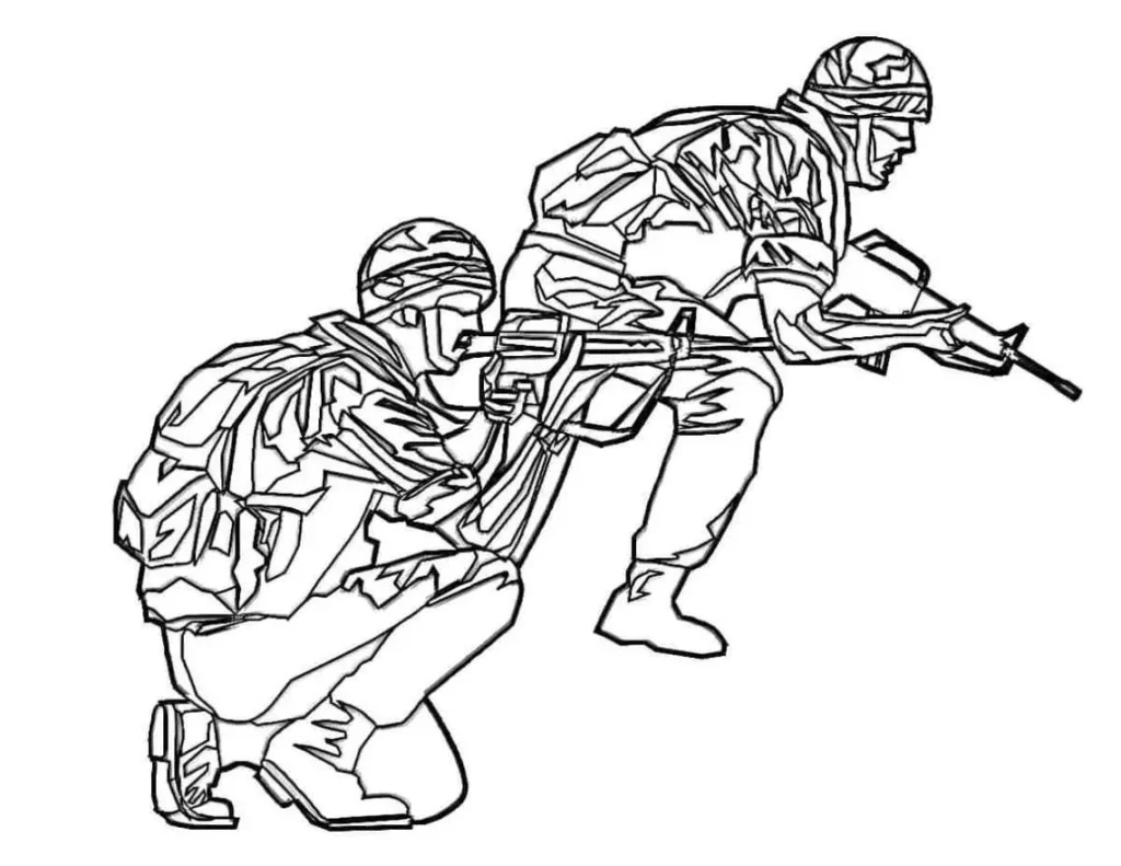 Desenho de soldados armados em combate para colorir. Dois militares em posição de ataque com rifles e equipamentos.