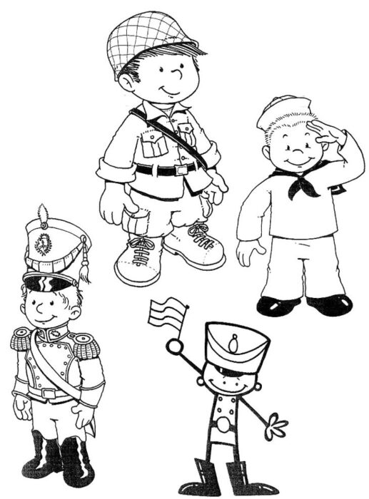 Soldadinhos para colorir em PDF: Crianças em uniformes militares diversos.