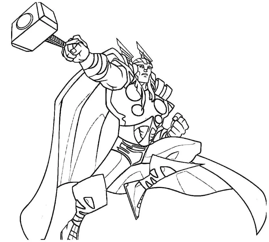Thor Avante para colorir: Desenho em PDF do herói da Marvel Comics segurando o Mjolnir