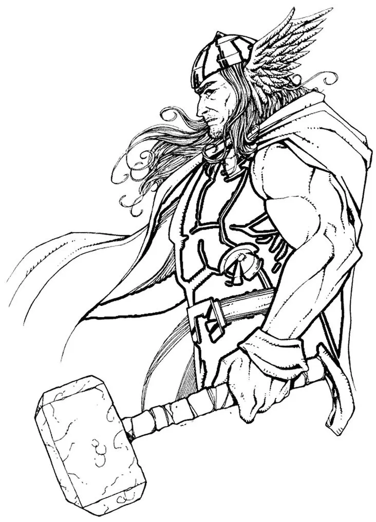 Thor Bravo para colorir em PDF: Desenho do Vingador com Mjolnir