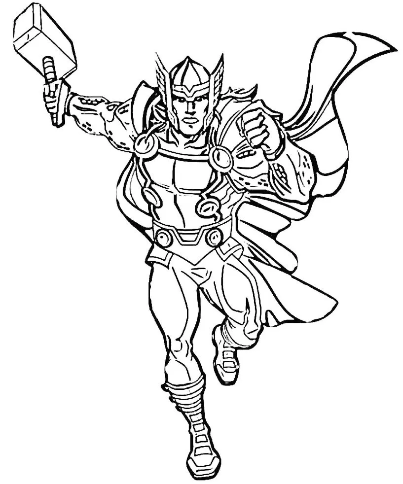 Thor em movimento: desenho para colorir do herói correndo com Mjolnir