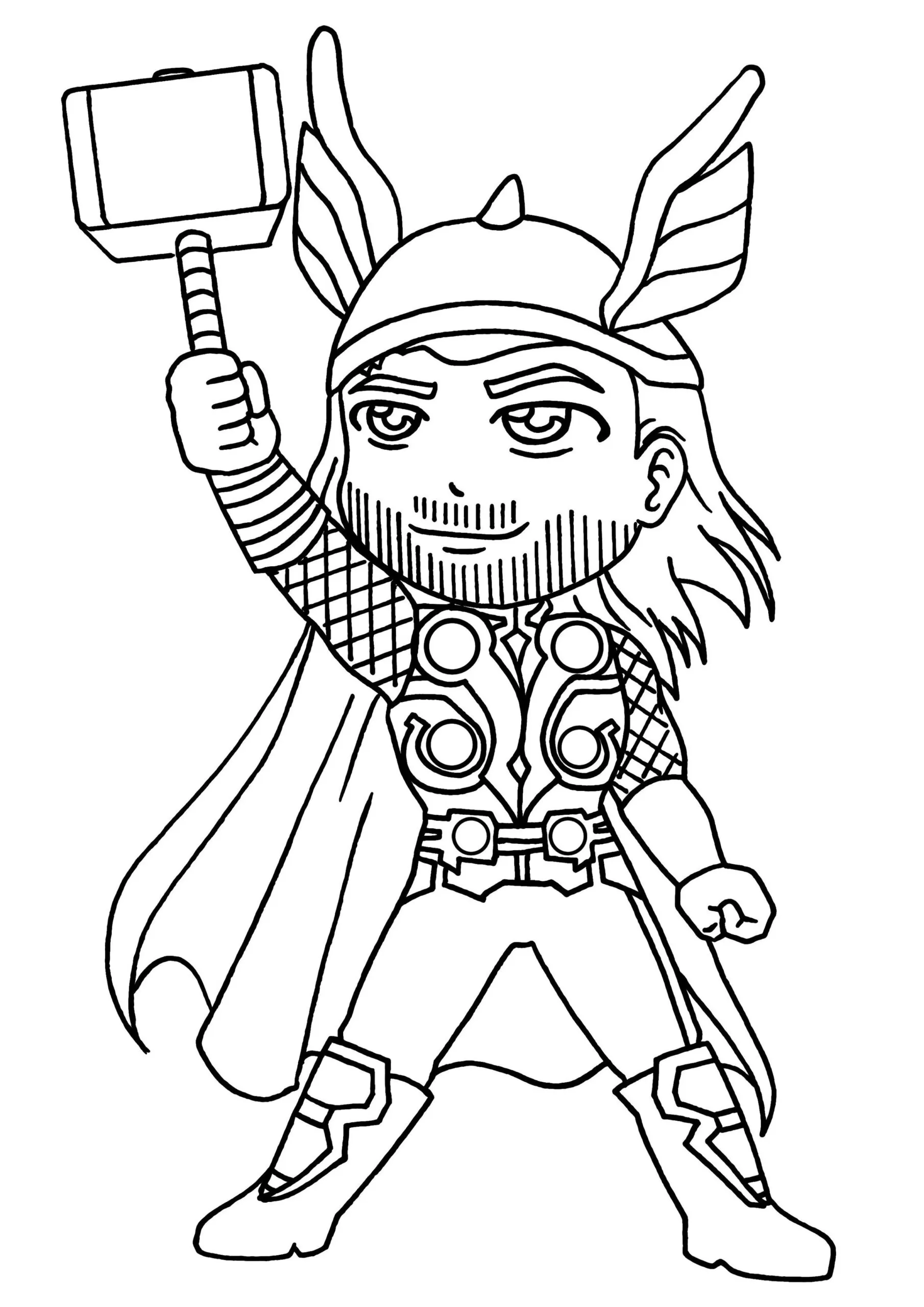 Desenhos de Thor em PDF para colorir Feliz Thor chibi para colorir em PDF: Alegre e com Mjolnir.