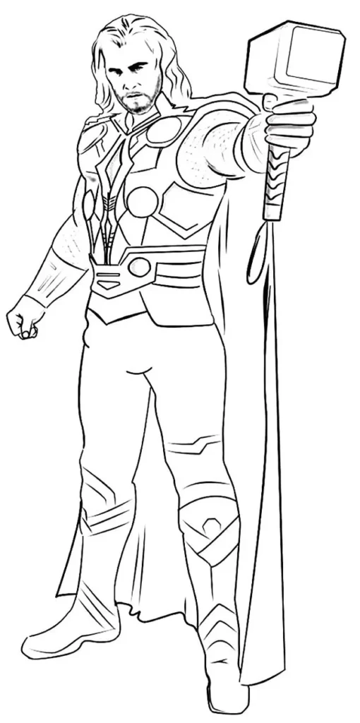 Thor, o poderoso herói nórdico, pronto para colorir. Desenho em PDF.