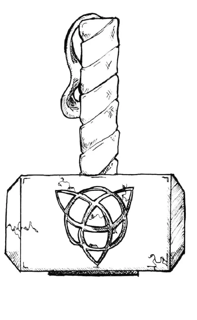 Mjolnir: Desenho de martelo de Thor para colorir em PDF.