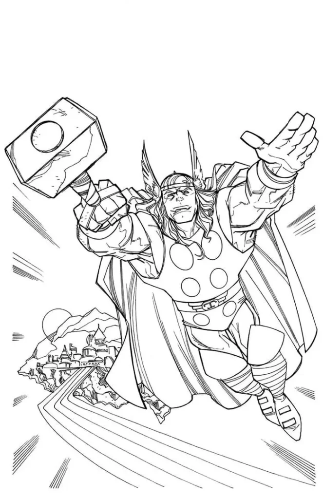 Thor em voo: Desenho para colorir em PDF do herói com Mjolnir