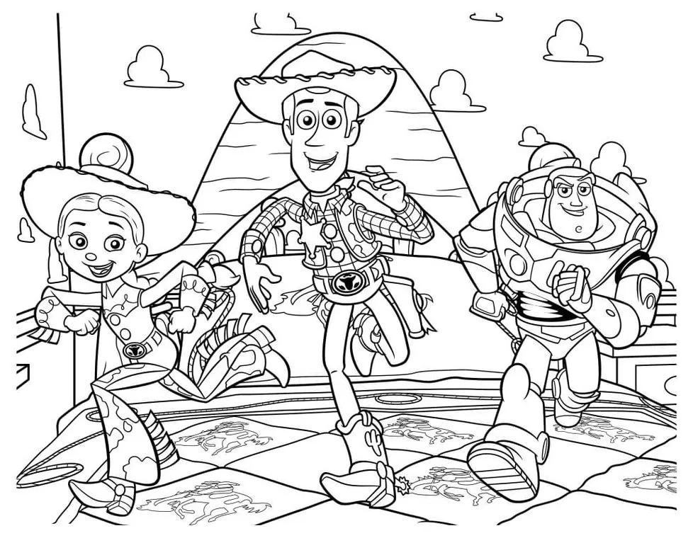 Toy Story: Aventura para colorir com Woody, Buzz e Jessie em ação.