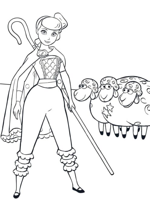 Betty Bo Peep de Toy Story com suas ovelhas para colorir em PDF.