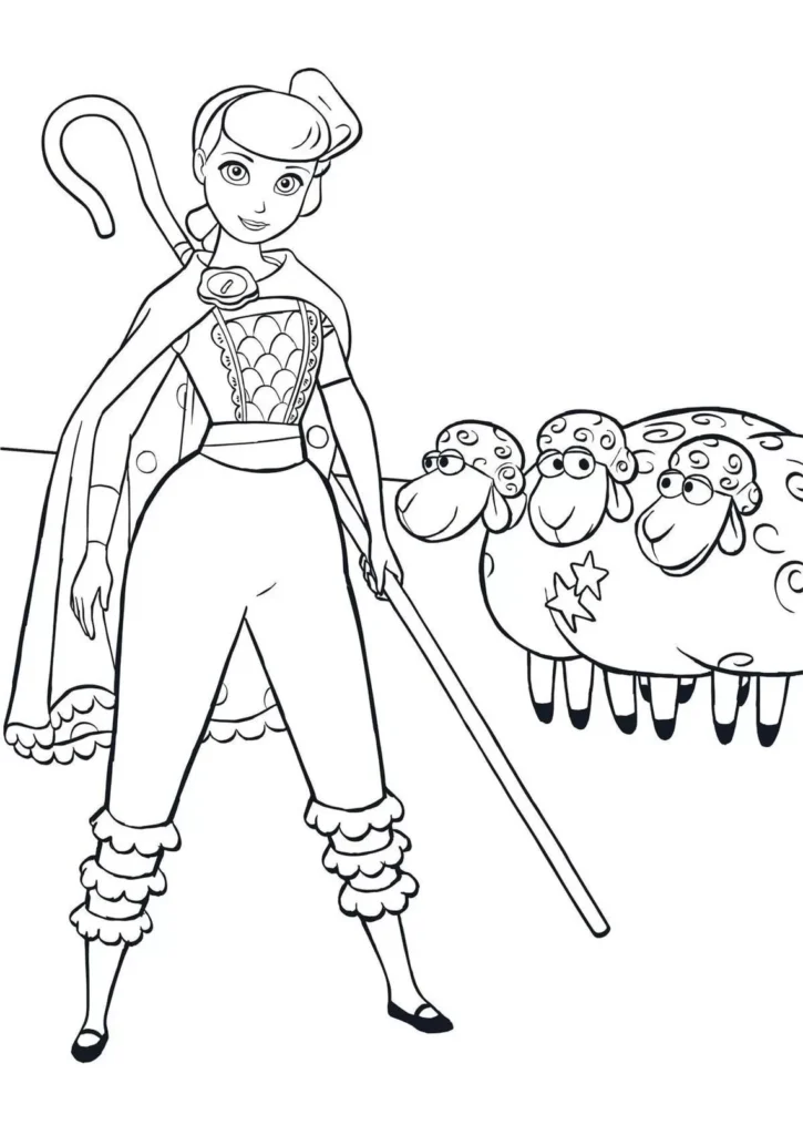 Betty Bo Peep de Toy Story com suas ovelhas para colorir em PDF.