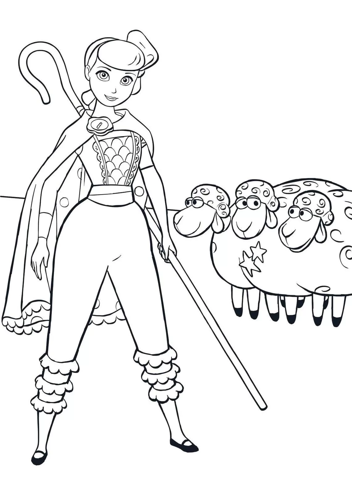 Betty Bo Peep de Toy Story com suas ovelhas para colorir em PDF.