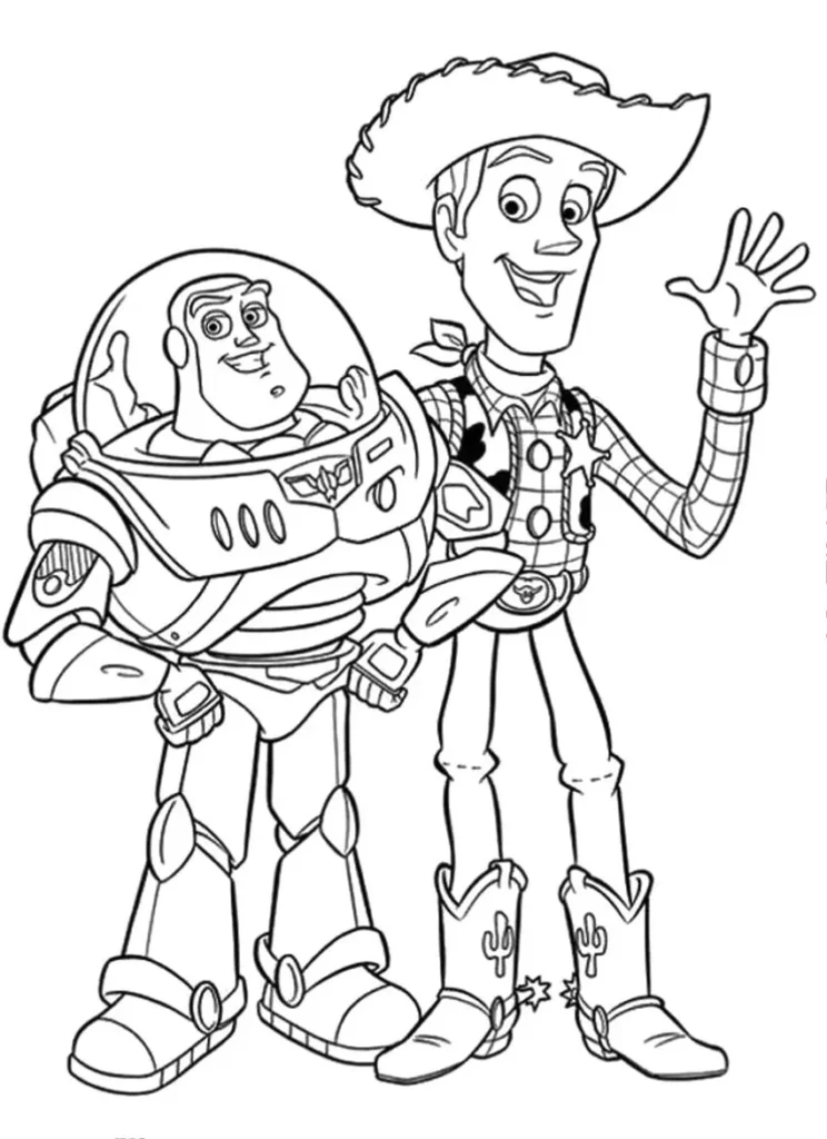 Desenhos para colorir de Buzz Lightyear e Woody, de Toy Story, em formato PDF.