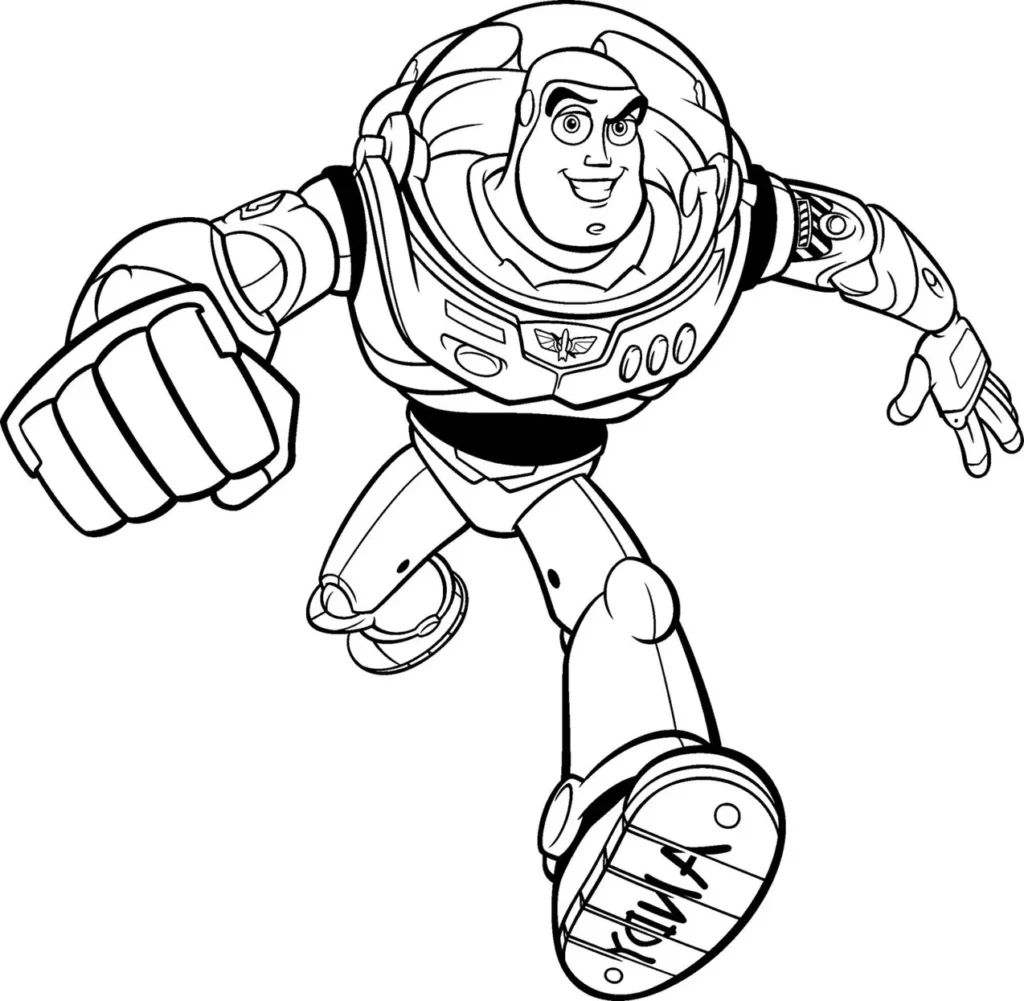 Buzz Lightyear para colorir: Desenho do astronauta de Toy Story em ação.