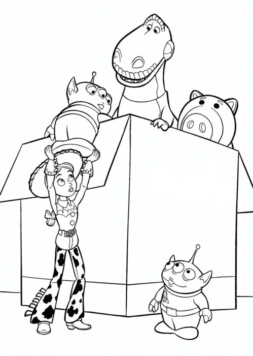 Toy Story: Divertidos desenhos para colorir com Jessie, Rex, Hamm e Alienígenas verdes entrando na caixa.
