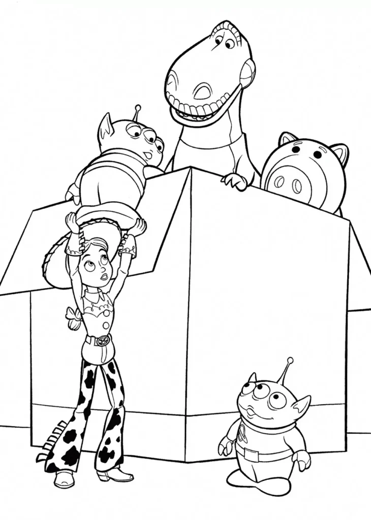 Toy Story: Divertidos desenhos para colorir com Jessie, Rex, Hamm e Alienígenas verdes entrando na caixa.