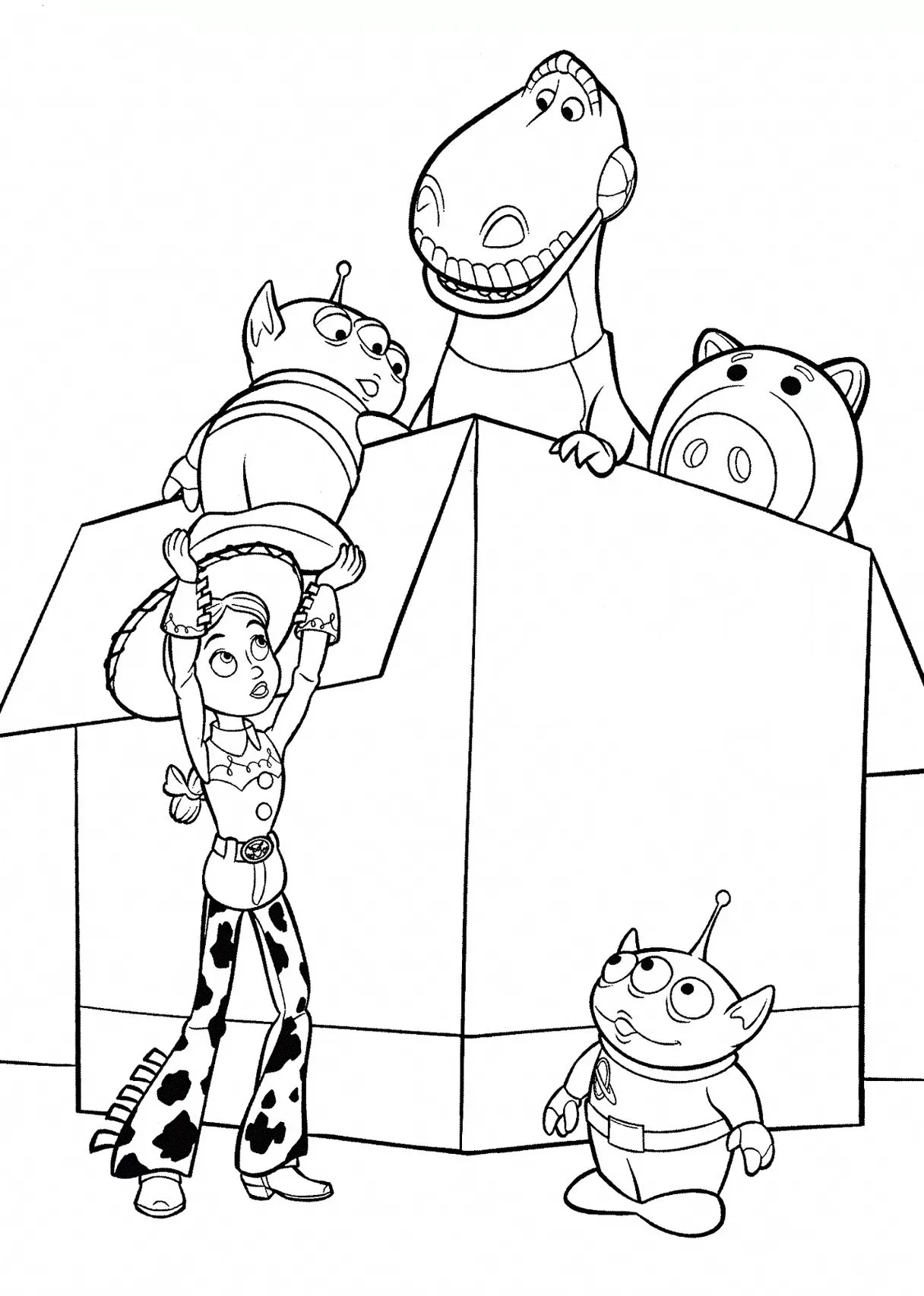 Toy Story: Divertidos desenhos para colorir com Jessie, Rex, Hamm e Alienígenas verdes entrando na caixa.